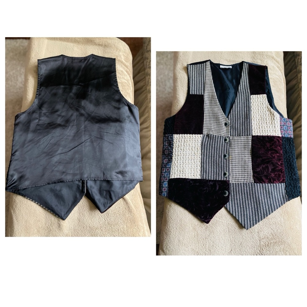 Capezio women vintage patchwork wool velvet satin blend buttoned vest Sz M multi